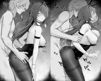 1boy 1girls acheron_(honkai:_star_rail) areolae black_and_white blush breasts breasts_out bunny_ears bunnysuit caelus_(honkai:_star_rail) female finger_in_mouth grabbing_from_behind honkai:_star_rail honkai_(series) iced_tea_u male nipples nude nude_male sex sex_from_behind tagme trailblazer_(honkai:_star_rail)