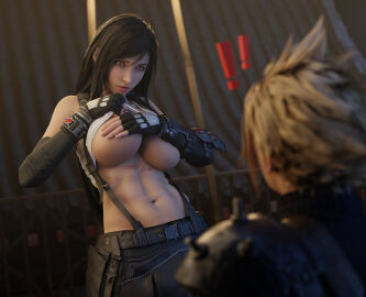 !! 1boy 1girls 3d abdominal_scar abs athletic athletic_female batesz big_breasts black_hair blonde_hair breasts brown_hair canonical_scene cloud_strife covering_breasts female final_fantasy final_fantasy_vii final_fantasy_vii_rebirth final_fantasy_vii_remake fingerless_gloves large_breasts light-skinned_female light-skinned_male light_skin long_hair looking_at_another male scar shirt_lift spiky_hair tifa_lockhart underboob undressing very_high_resolution