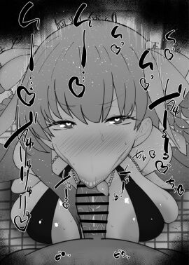 1boy 1girls :>= areola_slip bare_shoulders bb_(fate) bb_dubai_(fate) big_breasts big_penis black_and_white blush breasts censored center_opening detailed_background dress drooling eyelashes fate/grand_order fate_(series) fellatio female heart heart-shaped_pupils kurotama long_hair looking_at_viewer male male_pov oral oral_sex penis pov ribbon room saliva shiny_skin sketch sound_effects squatting straight sweat text tongue tongue_out veiny_penis