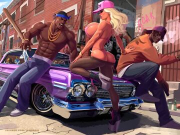 1girls 4boys ai_generated ass ass_cleavage ass_crack baseball_bat big_ass big_breasts bikini bimbo bimbo_lips black_skin blonde_hair blue_eyes breasts bubble_ass bubble_butt butt_crack car dark-skinned_male dark_skin day female g-string gang gold_chain gold_jewelry gun hi_res high_heel_boots high_heels high_resolution hood interracial jen_herron joints male muscular muscular_arms muscular_legs muscular_male muscular_thighs my_mom_and_sister_are_size_queen_sluts nipples pink_lipstick pink_nails platform_heels slut_cap slutwr1ter smoking smoking_weed street tagme temogam thick_thighs tongue tongue_out video weapon white_skin