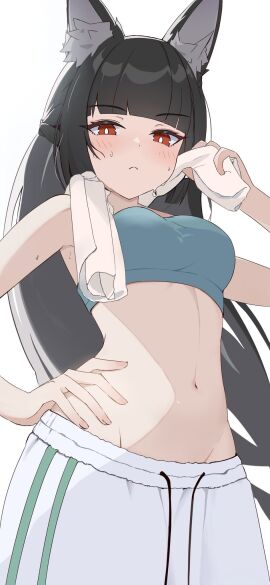 black_hair clothing exposed_stomach female fox_ears gym_clothes hollow_special_operations_section_6 hoshimi_miyabi hoyoverse red_eyes sweat towel zenless_zone_zero