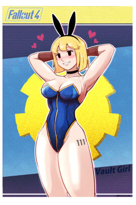 anda arms_up blonde_hair bunny_ears cleavage clothed fallout female heart mob_face posing poster thick_thighs vault_111 vault_girl
