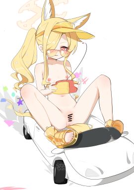 absurdres animal_ear_fluff animal_ears bar_censor blonde_hair blue_archive breasts car censored commentary_request completely_nude controller cross_halo female fox_ears fox_girl fox_tail full_body hair_over_one_eye halo highres holding holding_controller long_hair marshal_(artist) motor_vehicle navel nipples nude official_alternate_costume official_alternate_hairstyle one_eye_covered orange-tinted_eyewear orange_eyes parted_lips pussy sandals seia_(blue_archive) seia_(swimsuit)_(blue_archive) side_ponytail simple_background sitting small_breasts smile solo spread_legs sunglasses tail tinted_eyewear visor_cap white_background white_car yellow_halo yellow_sandals yellow_visor