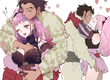 ass ass_grab breast_grab breasts brown_hair brown_skin claude_von_riegan closed_eyes clothed clothing couple couple_(romantic) earring earrings female fire_emblem fire_emblem:_three_houses gloves hand_under_skirt headband heart heart_symbol hilda_valentine_goneril interracial kissing long_hair male nakanaka_hawawa pink_eyes pink_hair short_hair sideburns tagme white_skin