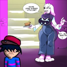 1boy 1girls belly_bulge big_breasts breasts concerned dialogue dialogue_box dialogue_bubble eyelashes female food frown fully_clothed furry holding_object horns innocent innocent_expression male milf nosebleed offering_food pacman_eyes safe safe_for_work tawagoto_(probros) thick_thighs thigh_gap thight_clothing toriel um_idiota_fazendo_videos um_idiota_fazendo_videos_(character) undertale white_fur