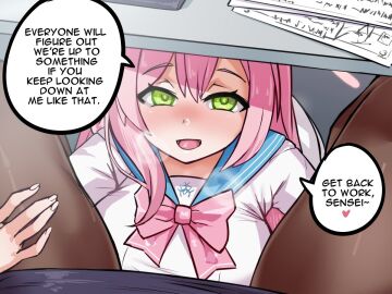 2girls black_pantyhose blue_archive blue_sailor_collar blush bow bowtie english_text female female_pov female_sensei_(blue_archive) female_teacher green_eyes hanako_(blue_archive) ihcaris long_hair looking_at_viewer multiple_females multiple_girls open_mouth pantyhose pink_bow pink_bowtie pink_hair pov sailor_collar sensei_(blue_archive) shirt sirachi skirt smile speech_bubble stealth_sex table teacher_and_student under_the_table white_shirt yuri