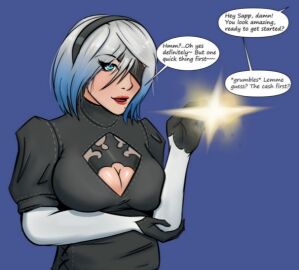 1girls alternate_version_available arm_under_breasts bangs big_breasts black_blindfold black_dress black_gloves black_hairband blindfold blue_background blue_eyes blue_hair brainwashing breasts cleavage cleavage_cutout comic cosplay covered_eyes dress english_text eyelashes female female_only gloves hair_over_one_eye hairband hand_up headband hypnosis juliet_sleeves leotard lips lipstick long_sleeves looking_at_viewer lowres makeup medium_breasts mind_control modeling mole mole_under_mouth multicolored_hair nier nier:_automata nier_(series) offscreen_character one_eye_obstructed open_mouth original original_character pink_lips program puffy_sleeves reprogramming robot sapphire_(vante_light) shiny short_hair silver_hair simple_background smile solo speech_bubble text text_bubble turtleneck upper_body vambraces vante_light white_hair yorha_2b_(cosplay)