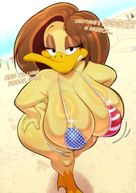 2025 absurd_res american_flag_bikini anatid anseriform anthro ass avian beach big_breasts big_butt bikini biped bird bodily_fluids breasts brown_hair clothed clothed_anthro clothed_female clothing dialogue digital_media_(artwork) duck eyelashes female female_anthro flag_bikini glistening glistening_body hair hi_res high-angle_view huge_breasts illustratorfake non-mammal_breasts outside portrait pupils smile solo standing sweat swimwear text the_looney_tunes_show thick_thighs tina_russo two-piece_swimsuit warner_brothers wide_hips yellow_body