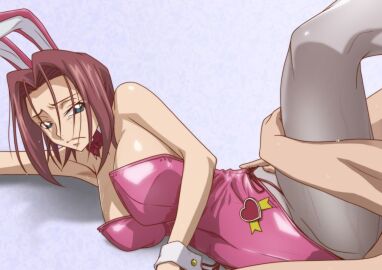 breasts bunny_girl bunnysuit censored clothed_female_nude_male code_geass female floor_sex kallen_stadtfeld kyabakurabakufu large_breasts leg_up male red_hair sex short_hair