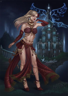 au_ra barn-swallow belly_dancer belly_dancer_outfit blonde_hair dancer dancer_outfit female final_fantasy final_fantasy_xiv harem_girl harem_outfit loincloth long_hair original_character slippers standing_on_tip_toes