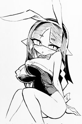 big_breasts black_and_white breasts bunny_ears bunnysuit dokudami-sama_(vaz_999) female inkling inkling_girl looking_at_viewer nintendo pampam sitting splatoon splatoon_(series) splatoon_oc white_background