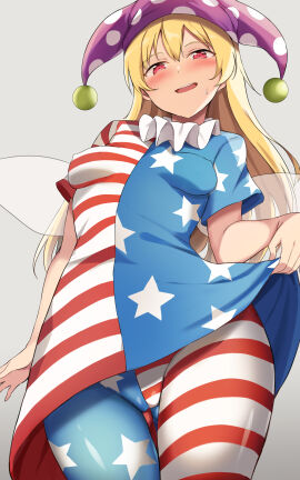 4th_of_july absurdres american_flag_dress american_flag_legwear blonde_hair blush cameltoe clownpiece covered_erect_nipples cowboy_shot dress fairy fairy_wings female hair_between_eyes hat highres jester_cap long_hair nagomian open_mouth pantyhose pink_hat polka_dot polka_dot_headwear pussy red_eyes short_sleeves smile solo star_(symbol) star_print striped_clothes striped_dress striped_pantyhose touhou wings