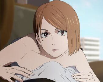 1boy 1girls 2d 2d_(artwork) 2d_artwork asian asian_female brown_eyebrows brown_eyes brown_hair eye_contact female female_focus japanese japanese_female jujutsu_kaisen kugisaki_nobara long_hair looking_at_viewer male male/female medium_hair nail nail_polish nailpolish nails no_bra nude nude_female pov pov_eye_contact sparklesp1 uncensored