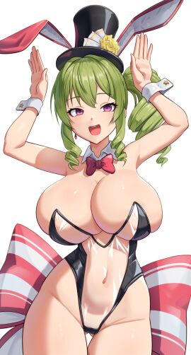 ajidot bowtie breasts bunnysuit cleavage detached_collar detached_sleeves earrings erato_(last_origin) fake_rabbit_ears female green_hair hat huge_breasts last_origin leotard navel pink_eyes see-through side_ponytail thigh_gap top_hat white_background