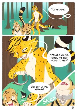 all_fours anthro ass bent_over biped bottomwear cheek_tuft cheetah clothed clothing collar comic dialogue digital_drawing_(artwork) digital_media_(artwork) duo eaglethecheetah english_text exclamation_point eyewear facial_tuft felid feline felix_(roadd) forest fur glasses grass hi_res imminent_rape imminent_sex loincloth loincloth_only male male/male mammal markings metal_collar nature navel outside plant presenting presenting_hindquarters raised_tail scared shocked slim small_waist speech_bubble spots spotted_body spotted_fur standing tail tan_body tan_fur text threatening topless tree tuft vorpale white_body white_fur