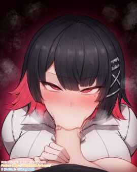 1futa 1girls :>= belle_(zenless_zone_zero) black_hair blush breasts bright_pupils censored colored_inner_hair commentary_request ellen_joe ellen_joe_(on_campus) fellatio female futa_on_female futa_pov futa_with_female futanari hair_ornament hand_on_another's_crotch highres intersex large_breasts looking_at_viewer mole mole_under_eye mosaic_censoring multicolored_hair multiple_females multiple_girls multiple_moles oral penis pov pov_crotch razor_blade_hair_ornament red_background red_eyes red_hair rikuguma shirt short_hair steam swept_bangs two-tone_hair veins veiny_penis white_pupils white_shirt x_hair_ornament zenless_zone_zero