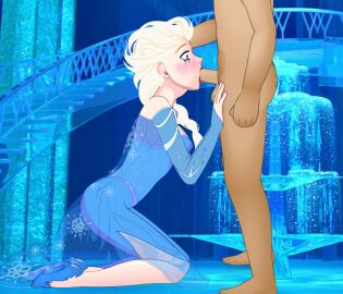 1boy 1girls blowjob braided_ponytail clothing deep_blowjob deepthroat disney disney_princess dress elsa_(frozen) fellatio female forced_oral frozen_(film) konashion male oral petite ponytail red_lipstick small_breasts super_deepthroat_game throat_bulge tongue tongue_out uncensored