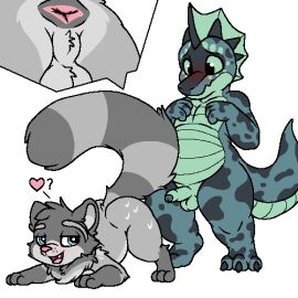 anthro ass_up balls canid canine digital_media_(artwork) dragon embarrassed feral fur genitals grey_body grey_fur humanoid_genitalia humanoid_penis hybrid kalen_(xenoyia) low_res mammal minty_(mintyderg) mythological_creature mythological_scalie mythology oekaki pawprint.ing_(artwork) penis presenting procyonid raccoon raccoon_dog scalie short_stack tanuki wingless_dragon xenoyia
