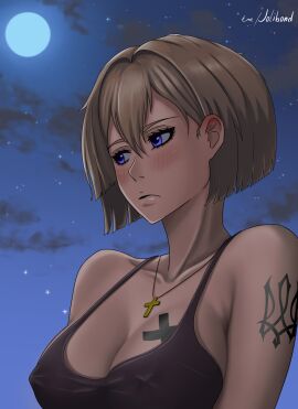 azov_chan blue_eyes breasts cross dressed frown marichka sexy short_hair tatoos tryzub ukrainian ukrainian_girl