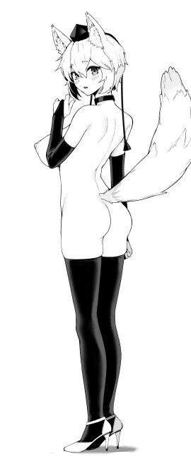 1641_(chfhrtor94) absurdres animal_ear_fluff animal_ears ass blush breasts bridal_gauntlets collar commentary_request double-parted_bangs female from_behind full_body greyscale hand_up hat hat_tassel high_heels highres inubashiri_momiji korean_commentary large_breasts legs_together looking_at_viewer looking_back momiji_inubashiri monochrome nipples nude parted_lips short_hair shoulder_blades solo standing tail teeth thighhighs tokin_hat touhou upper_teeth white_background wolf_ears wolf_tail