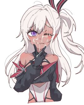 artist_request azur_lane bare_shoulders black_ribbon camave crop_top cross cum cum_in_mouth cum_on_eye cunnilingus_gesture dark-skinned_female dark_skin facial female hair_intakes hair_ribbon hand_up highres iron_cross long_hair looking_at_viewer oerba_yun_fang one-piece_swimsuit one_eye_closed one_side_up purple_eyes red_ribbon ribbon simple_background solo swimsuit two-tone_ribbon u-31_(azur_lane) upper_body v v_over_mouth white_background white_hair white_one-piece_swimsuit
