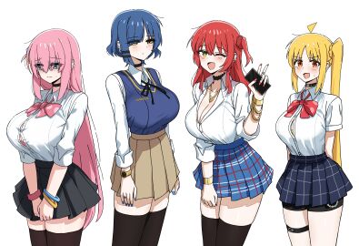 4girls alternate_breast_size big_breasts blonde_hair blue_eyes blue_hair bocchi_the_rock! breasts button_down_shirt button_gap cleavage cowboy_shot dotthebot female gotou_hitori green_eyes group hi_res huge_breasts ijichi_nijika kita_ikuyo orange_eyes pink_hair plain_background pleated_skirt red_hair school_uniform simple_background skirt tagme thighhighs white_background white_shirt wink winking_at_viewer yamada_ryou yellow_eyes zettai_ryouiki