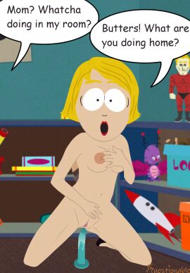 blonde_hair breasts caught_in_the_act comedy_central dildo female grabbing_own_breast leopold_butters_stotch linda_stotch milf pussy pussy_juice_on_dildo questionable_(artist) sex_toy shocked_expression short_hair solo south_park
