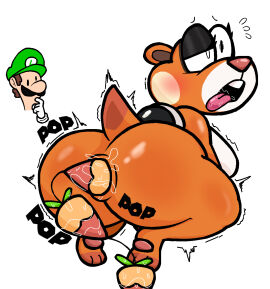 2024 anal anal_sex anthro anus ass big_ass big_butt bodily_fluids breasts clothing duo facial_hair female green_clothing green_hat green_headwear hat headgear headwear hi_res human kneeling lewdewott luigi male mammal mario_(series) moustache narrowed_eyes nintendo object_in_ass open_mouth orange_body penetration saliva saliva_on_tongue scut_tail short_tail skedaddler_(mario) super_mario_bros._wonder tail text thick_thighs tongue tongue_out