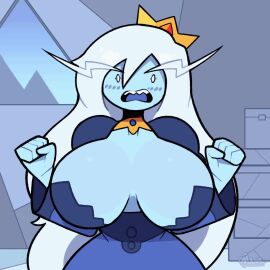 1girls adventure_time big_breasts blue_skin blush breasts bursting_breasts bursting_clothes cartoon_network clothing crown dress embarrassed female huge_breasts ice_queen_(adventure_time) impact_frames indoors large_breasts long_hair magic movailarts sharp_teeth solo solo_female tagme video white_hair