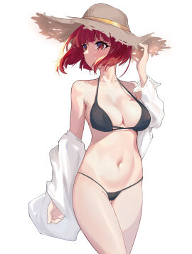arima_kana bare_arms bare_belly bare_legs bare_shoulders bare_thighs belly_button bikini black_bikini blush breasts chinoryuu cleavage closed_mouth collarbone female looking_away medium_breasts oshi_no_ko red_eyes red_hair short_hair straw_hat string_bikini thighs wide_hips