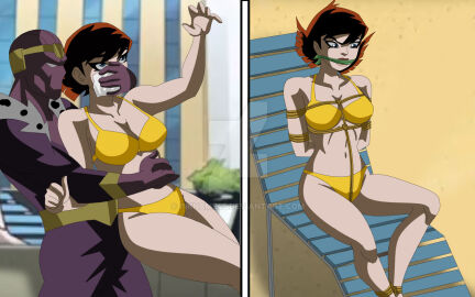 1boy 1girls 2d avengers baron_zemo big_breasts bikini bikini_bottom bikini_top blue_eyes bondage bound breasts brown_hair canonical_bikini captured captured_heroine chloroform cleavage clothed clothed_female clothed_male color damsel_in_distress defeated_heroine female female_focus femsub full_color gag gagged gagged_female janet_van_dyne leash legs male marvel marvel_comics midriff non-nude official_alternate_costume on_model rope rope_bondage the_avengers:_earth's_mightiest_heroes thick_thighs tied_up unknown_artist villain yellow_bikini