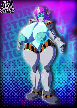 3d 3d_model angry big_nipples blue_breasts breasts female geargrinder44 glowing_eyes gynoid hazard_stripes highres hips huge_breasts puffy_nipples purple_hair robot robot_girl victoria_(geargrinder44) wide_hips