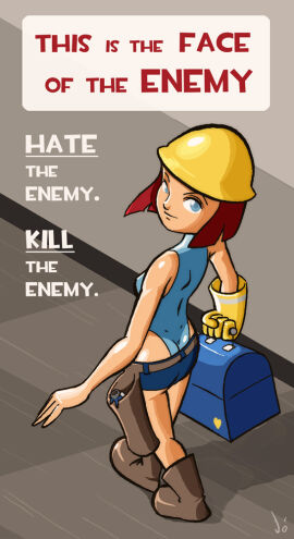 1girls 2d angie_(nerf_now) ass engineer_(team_fortress_2) english_text female female_only femengineer human human_female human_only jopereira nerf_now poster rule_63 solo team_fortress_2 text