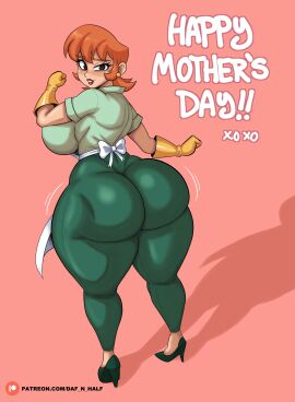 1girls apron ass back back_view backboob big_ass big_breasts black_eyes bottomwear breasts bubble_ass bubble_butt clothing daf_n_half dexter's_laboratory dexter's_mom ear_piercing earrings english english_text female female_only footwear full_body gloves green_pants hair handwear heels high_heels huge_ass huge_breasts legs lips lipstick looking_back mature mature_female milf mother mother's_day motion_lines orange_hair pants red_head red_lips red_lipstick solo solo_female text topwear white_apron yellow_gloves