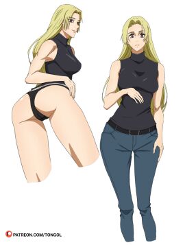 1girls ass bent_over blonde_hair clothed clothing female jeans jujutsu_kaisen legs panties red_eyes standing tongol123 yellow_fur yuki_tsukumo