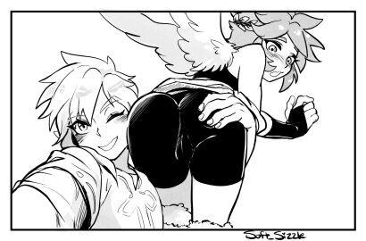 angel ass black_and_white blush bulge carrying_another clothing crossover crossover_ship duo elf feathered_wings feathers gay hair hand_on_ass hand_on_butt hi_res humanoid humanoid_on_humanoid humanoid_pointy_ears hylian kid_icarus link link_(breath_of_the_wild) looking_at_viewer male male/male nintendo one_eye_closed pit_(kid_icarus) selfie signature soft_sizzle super_smash_bros. the_legend_of_zelda winged_humanoid wings wink yaoi young