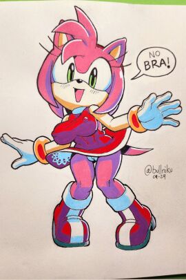 1girls amy_rose boots braless breasts cameltoe female hotred nipple_bulge nipples no_bra panties pussy rockthebull sonic_(series) traditional_media_(artwork)