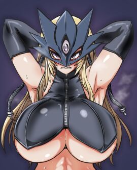 akeikou armpits arms_behind_head beelstarmon biting_own_lip blonde_hair breasts breath cropped_vest digimon digimon_(creature) eye_mask highres large_breasts long_hair mask simple_background sweat third_eye underboob upper_body vest