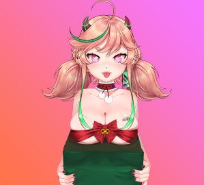 big_breasts breasts chest_tattoo christmas collar demon devilayacchi elf_ears female indie_virtual_youtuber piercing pink_eyes pink_hair succubus succubus_horns tongue tongue_out virtual_youtuber vtuber wrapped