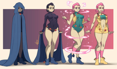 bare_legs bare_shoulders bimbofication clothing_transformation dc dc_comics dreadful_exmile female_only feminization femsub grey_skin leotard personality_change pink_hair purple_eyes purple_hair raven_(dc) short_hair smile teen_titans transformation triplexmile