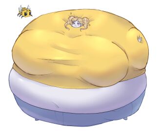 1girls belly_expansion big_belly big_breasts blonde_hair breast_expansion breast_growth breast_growth_(enlargement) breasts cindi_doumak expansion female immobile inflation jeans long_sleeves marshmallow_inflation morbidly_obese_female navel puffed_cheeks round_body sile2011 spherical_inflation sunken_head sunken_limbs the_factory_saga twintails white_skin yellow_shirt