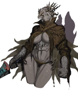 1girls abs belly belly_button big_breasts breasts busty cloak demigoddess divine elden_ring female female_focus fit fit_female fromsoftware gilf goddess hand_on_hip horns huge_breasts large_breasts light-skinned_female light_skin margit_the_fell_omen milf monster_girl morgott_the_omen_king navel pale-skinned_female pale_skin ragged_clothing revealing_clothes rule_63 standing sword thick thick_thighs thighs tomatolover16 toned tummy underboob weapon white_hair yellow_eyes