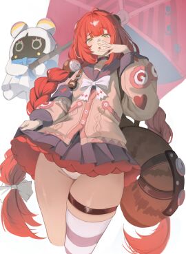 :o absurdres artist_request bangboo_(zenless_zone_zero) black_choker black_sailor_collar black_skirt bow bowtie braid cardigan chest_bow choker crunchy_(namtaehyeon1234) female green_eyes highres huge_thighs long_hair looking_at_viewer panties pink_cardigan red_hair red_umbrella sailor_collar school_uniform skirt thick_thighs thigh_strap thighhighs twin_braids twintails ukinami_yuzuha umbrella underwear white_bow white_bowtie white_panties wide_hips zenless_zone_zero zettai_ryouiki