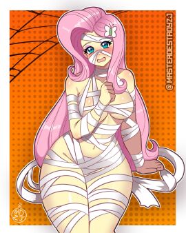 big_breasts big_thighs big_titties breasts clothing curvaceous curvy_figure curvy_hips equestria_girls female female_focus female_only fluttershy_(eg) fluttershy_(mlp) green_eyes halloween halloween_costume long_hair looking_at_viewer masterdestroyzj mummy mummy_costume my_little_pony pink_hair rubber yellow_skin