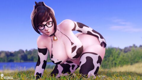1girls 3d alternate_costume alternate_version_available ass bell bhigbhee bra breasts brown_hair cleavage collar cow_horns cow_print cowbell female female_only glasses gloves hand_on_ass hand_on_butt hi_res highres horns huge_breasts large_ass long_gloves looking_at_viewer mei_(overwatch) nipple_bulge nose_piercing nose_ring outdoors overwatch overwatch_2 panties stockings watermark