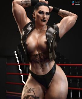 arms_up black_hair black_lipstick female jewelry muscular muscular_female navel panties pinup rhea_ripley solo solo_female tattoo tekonsfw underwear wwe wwe_diva