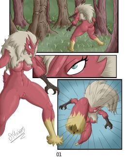 absurd_res anthro ass beak big_ass big_breasts big_butt blaziken breasts comic digital_media_(artwork) feathers female generation_3_pokemon genitals grass green_eyes hi_res kick nintendo nipples nude othoxon plant pokemon pokemon_(species) pussy red_body red_feathers semi-anthro solo tail tail_feathers tree