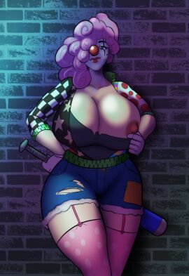 baseball_bat breasts brick_wall cloudy_claudia clown clown_girl clown_makeup clown_nose female garter_straps huge_breasts lemonfont nip_slip nip_tease oc pink_hair solo