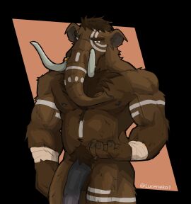 5_fingers absurd_res anatomically_correct anatomically_correct_genitalia anatomically_correct_penis animal_genitalia animal_penis anthro balls big_penis bodypaint brown_body brown_fur chest_tuft elephant_penis elephantid face_paint fingers flaccid fur genitals hi_res long_nose luceneko male male_only mammal mammoth musclegut muscular nude open_hand penis prehistoric_species proboscidean pubes pubic_hair simple_background solo solo_male standing tribal tuft tusks