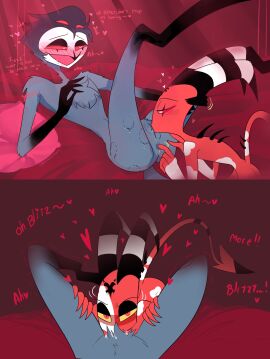 ass bite_mark blitzo_(helluva_boss) cloaca cum demon demon_horns demon_tail eating_ass eating_out eating_pussy female finger_in_anus finger_in_ass gay gay_sex heart helluva_boss male naked nude nude_male owl owl_demon pussy red_eyes rosy_fun saliva stolas_(helluva_boss) tail text thighs vagina vaginal_juices yaoi yellow_eyes